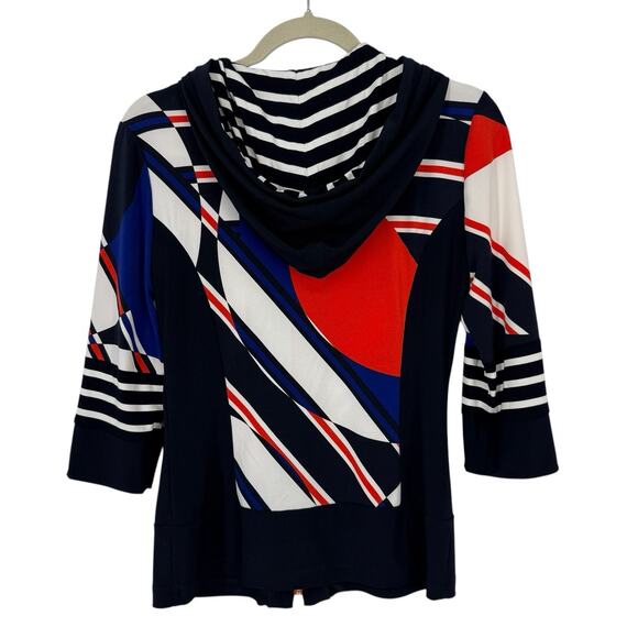 Joseph Ribkoff Hooded Jacket size 6 Colorful Artsy Pattern 3/4 Slv Full zip - Picture 2 of 10